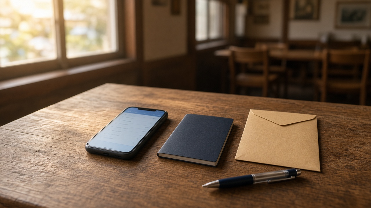 公民館の机に、メールが開いたスマホと通帳、封筒が置いてある